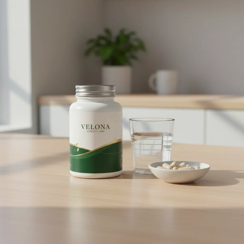 Velona Vitality Labs supplement jar on a kitchen countertop with a glass of water